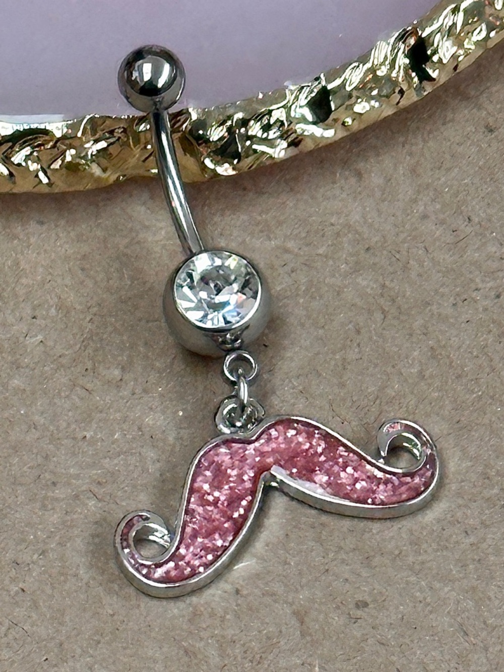 CLEAR GEM PINK GLITTER MUSTACHE DANGLE BELLY BUTTON RING NAVEL PIERCING NEW 14G